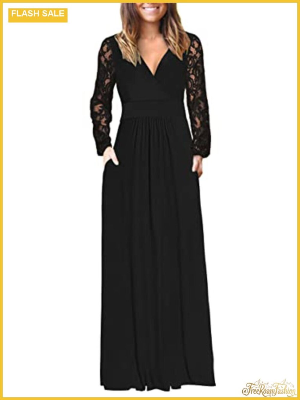 Women's Lace Long Sleeve Maxi Dress V Neck Wrap Formal Party